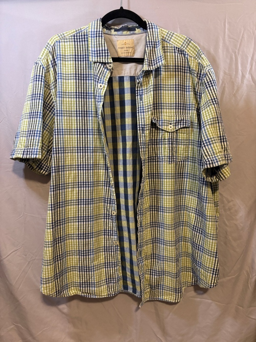 Tommy Bahama Yellow and Blue Plaid Short Sleeve Button-Up